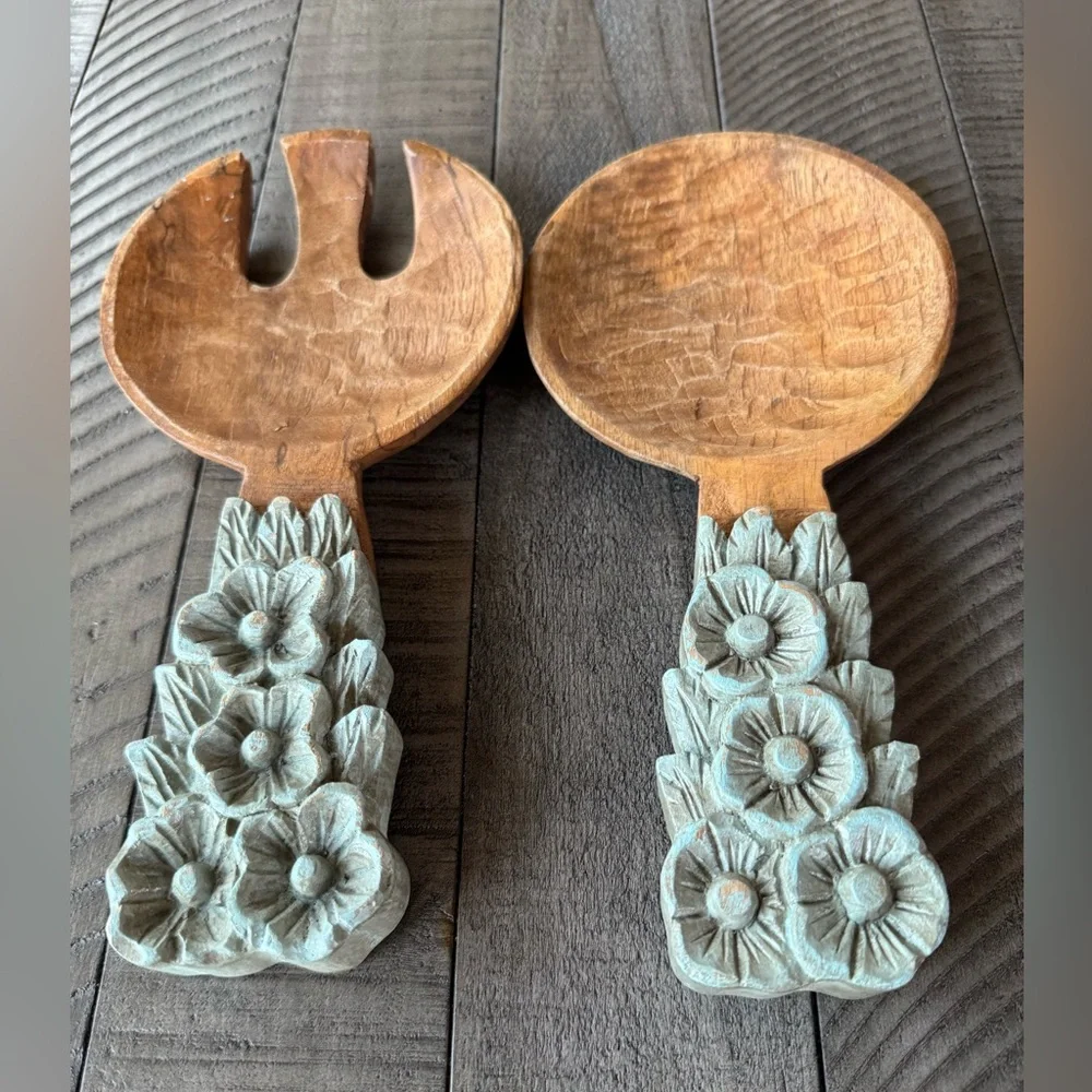 Valley of Flowers Handcrafted Wooden Fork & Spoon Salad Servers